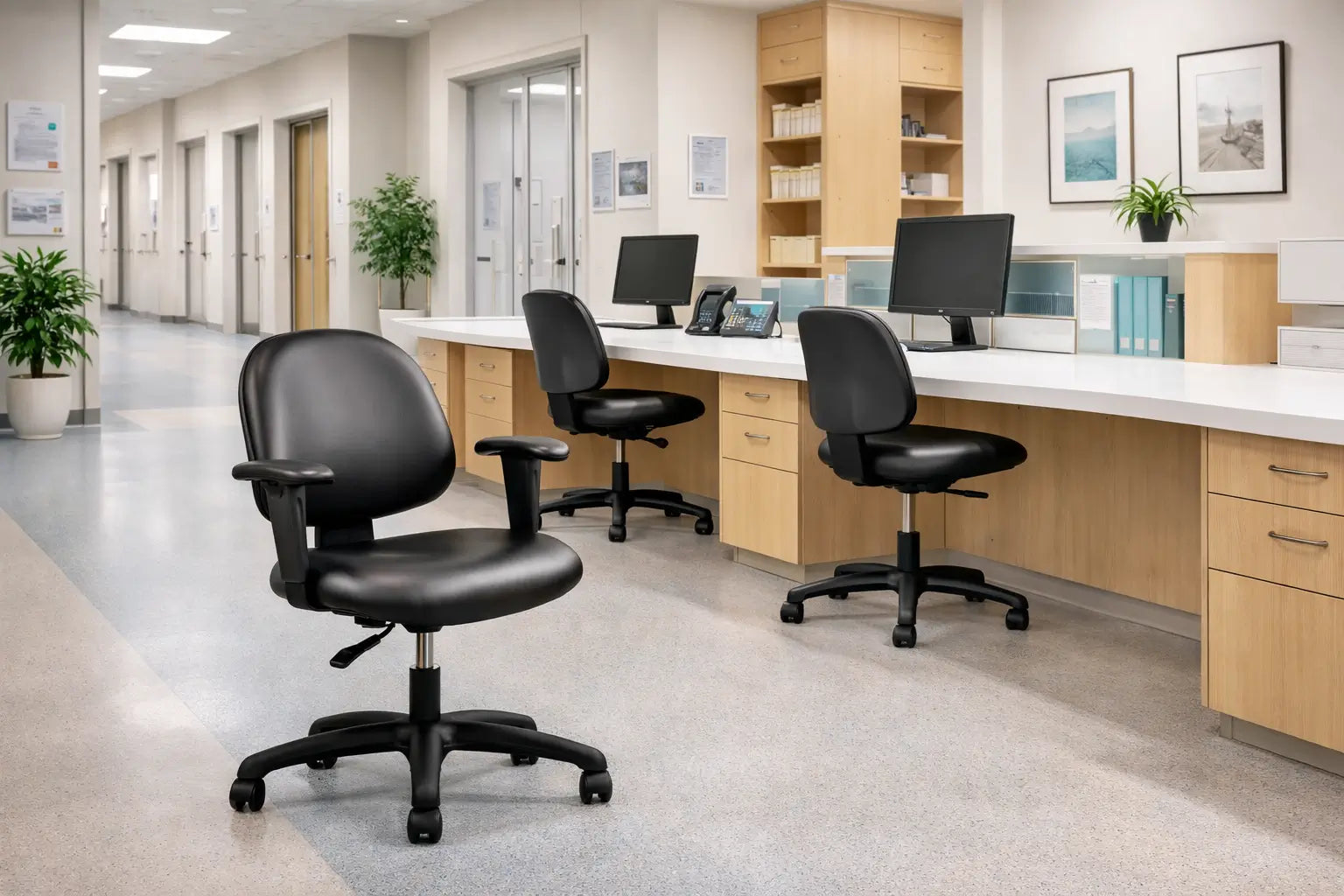 hospital workstation environment with 3 neutral posture health care chairs