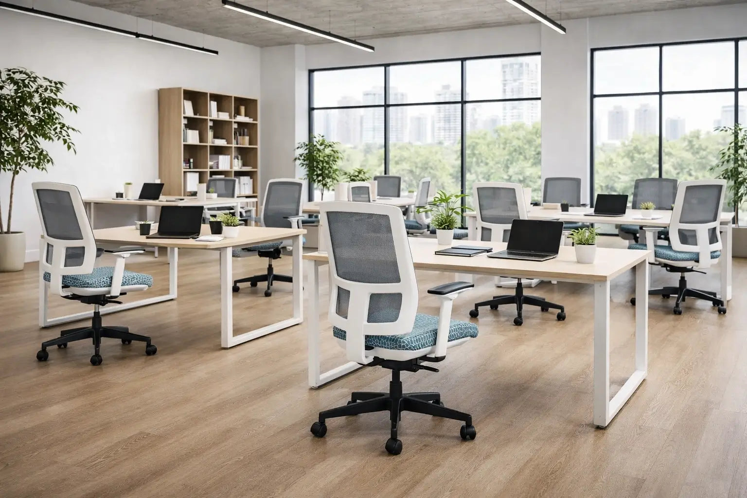 task seating work environment with multiple mesh back neutral posture office chairs